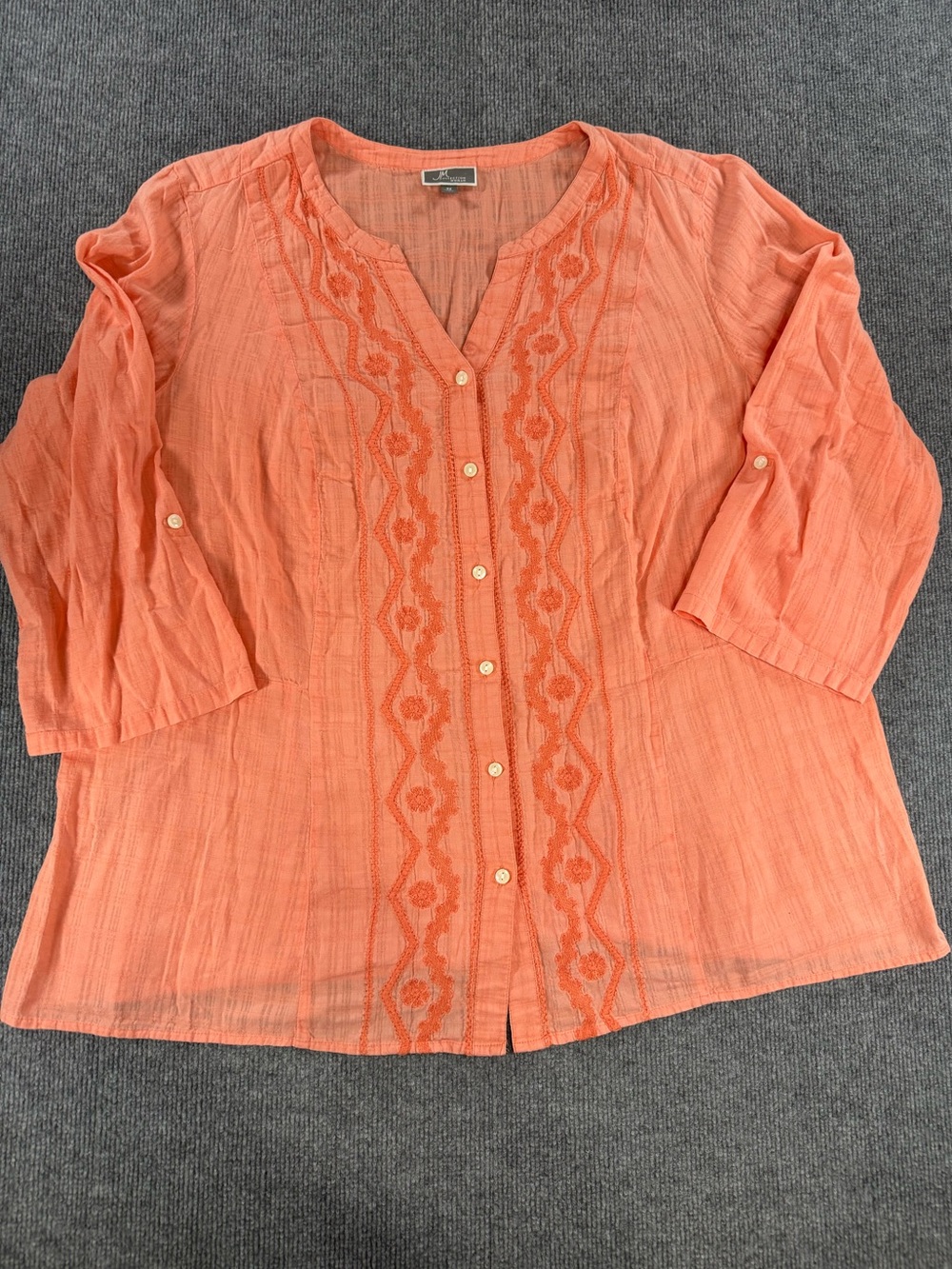 JM Collection 3X Coral Embroidered Cotton Top Boho Cottagecore Coastal Grandma